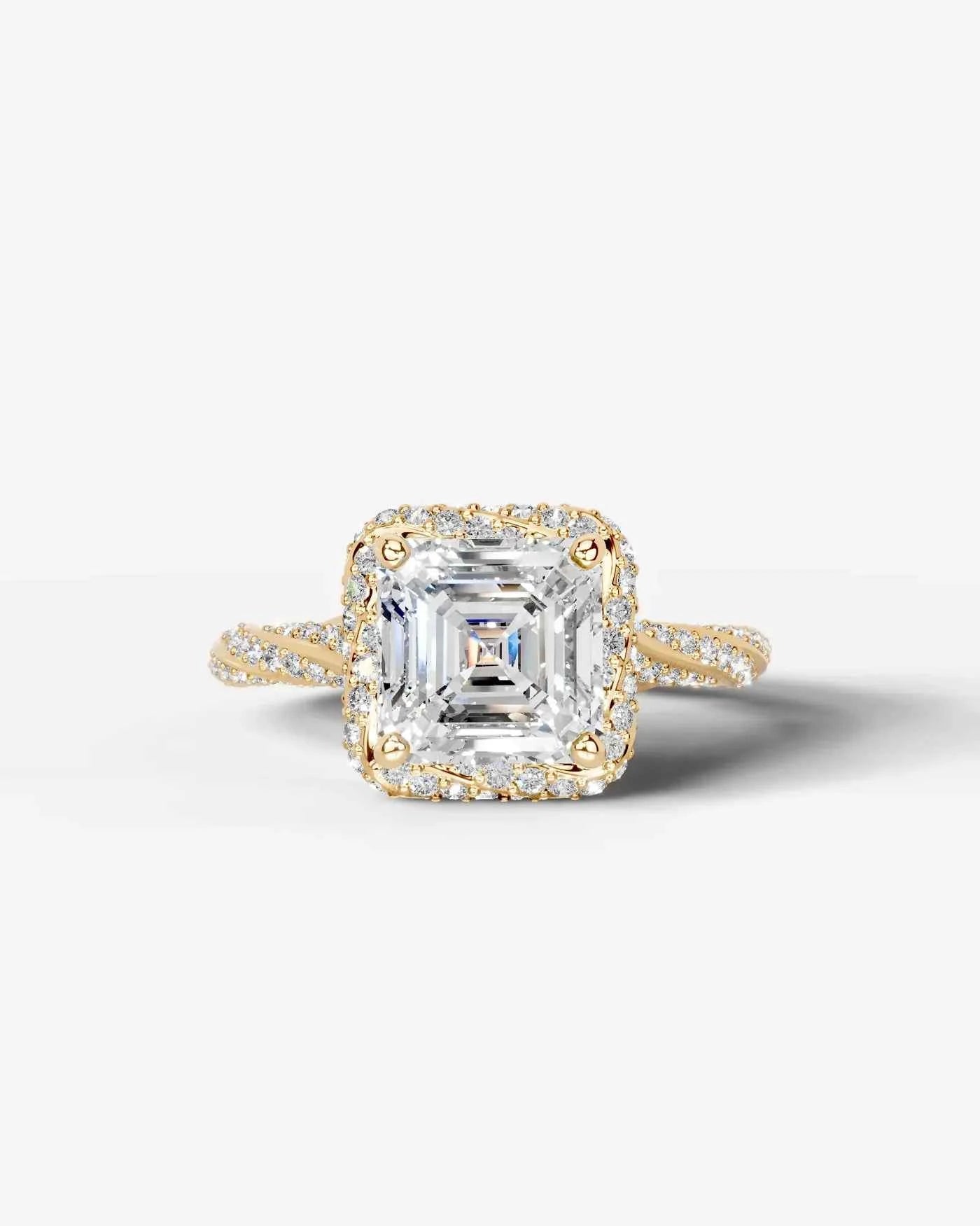 Asscher Cut Lab Diamond Engagement Ring with double halo and twisted pave band| D VS1