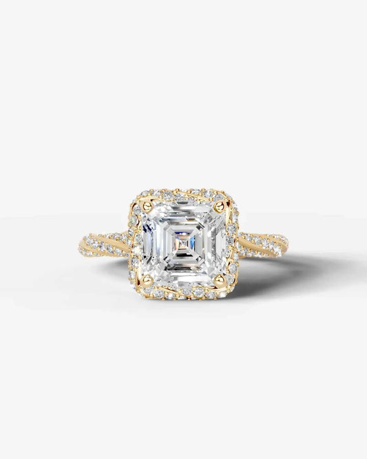 Asscher Cut Lab Diamond Engagement Ring with double halo and twisted pave band| D VS1
