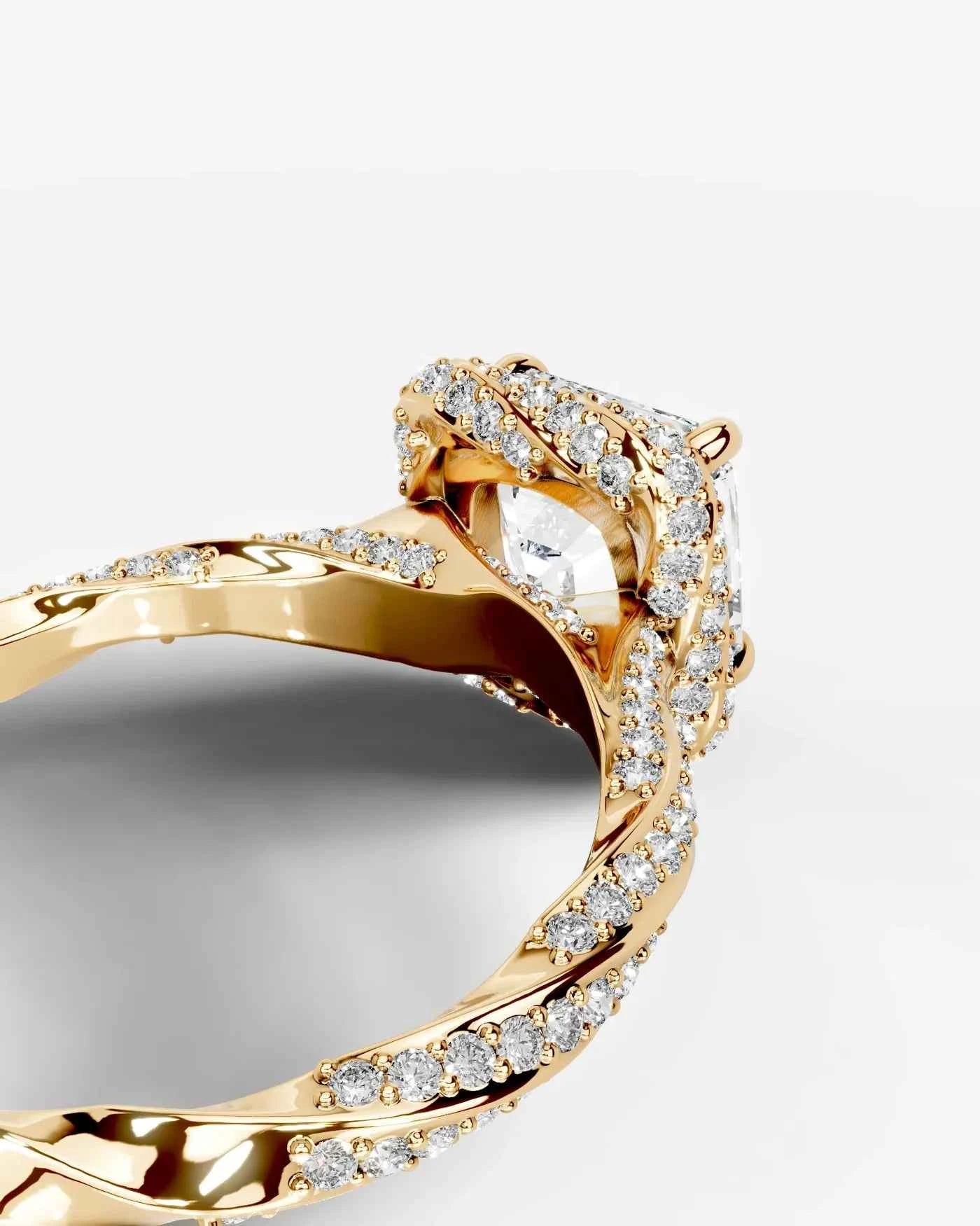 Asscher Cut Lab Diamond Engagement Ring with double halo and twisted pave band| D VS1