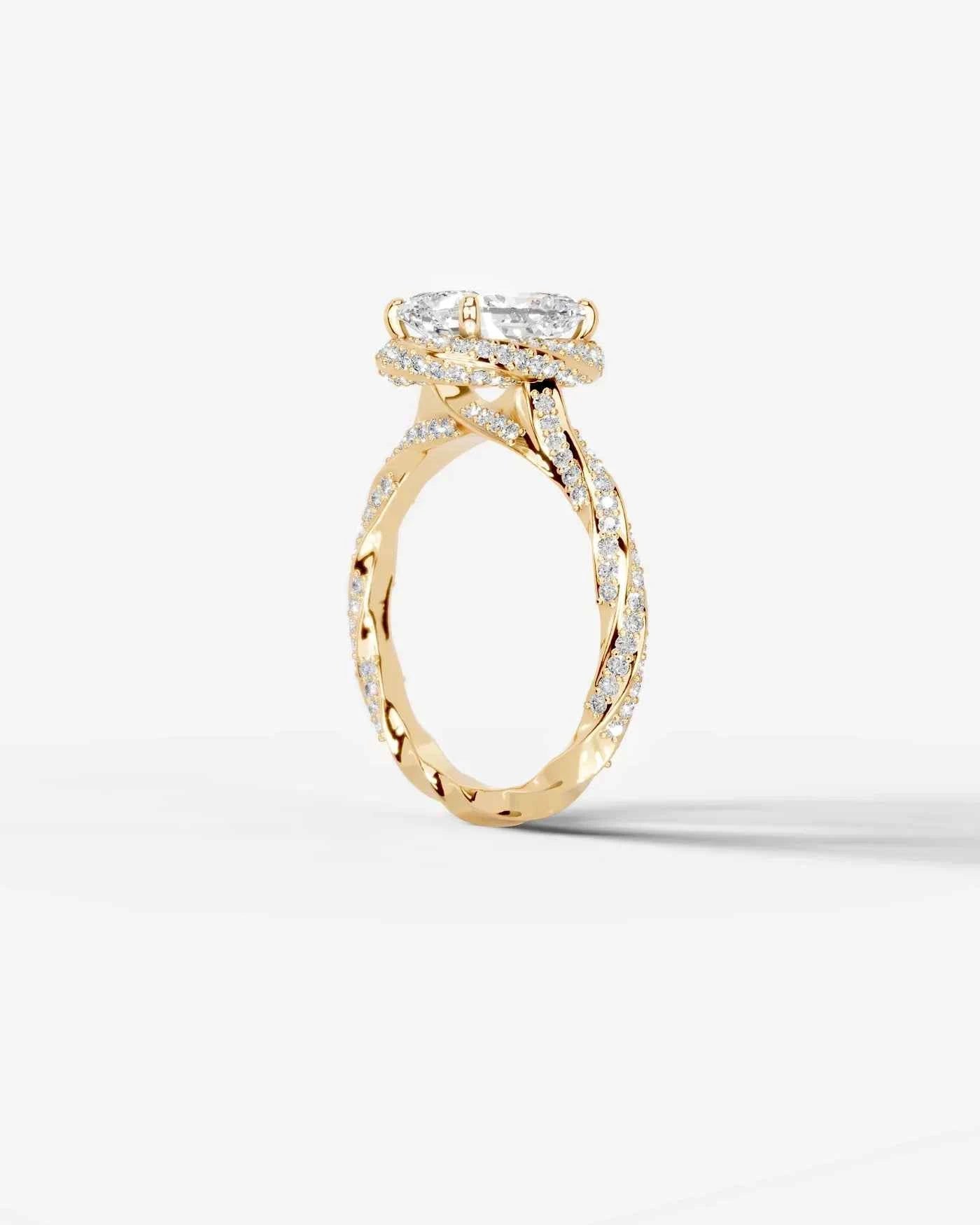 Radiant  Cut Lab Diamond Engagement Ring with double halo and twisted pave band| D VS1