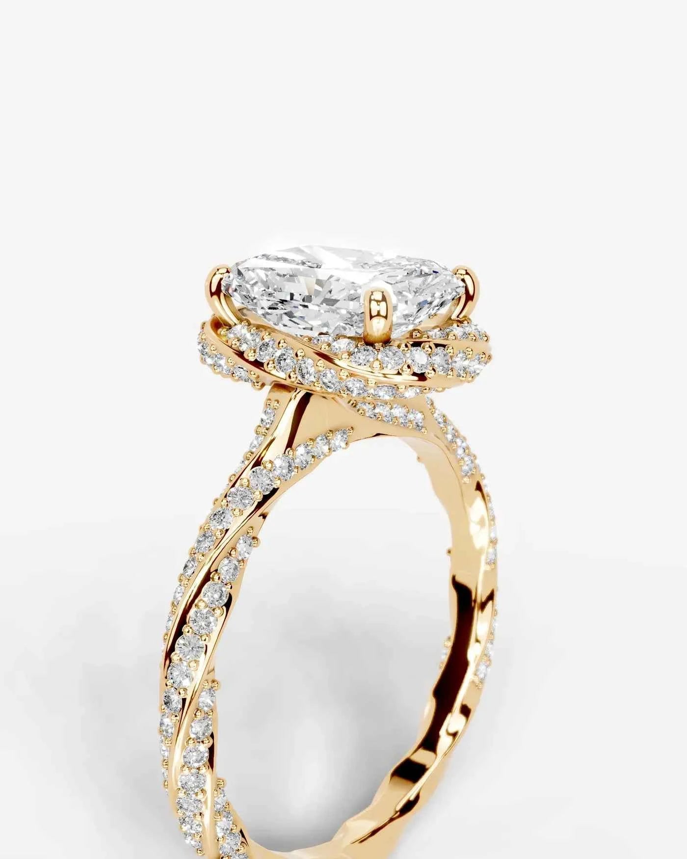 Radiant  Cut Lab Diamond Engagement Ring with double halo and twisted pave band| D VS1