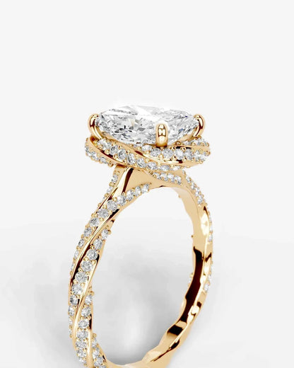 Radiant  Cut Lab Diamond Engagement Ring with double halo and twisted pave band| D VS1