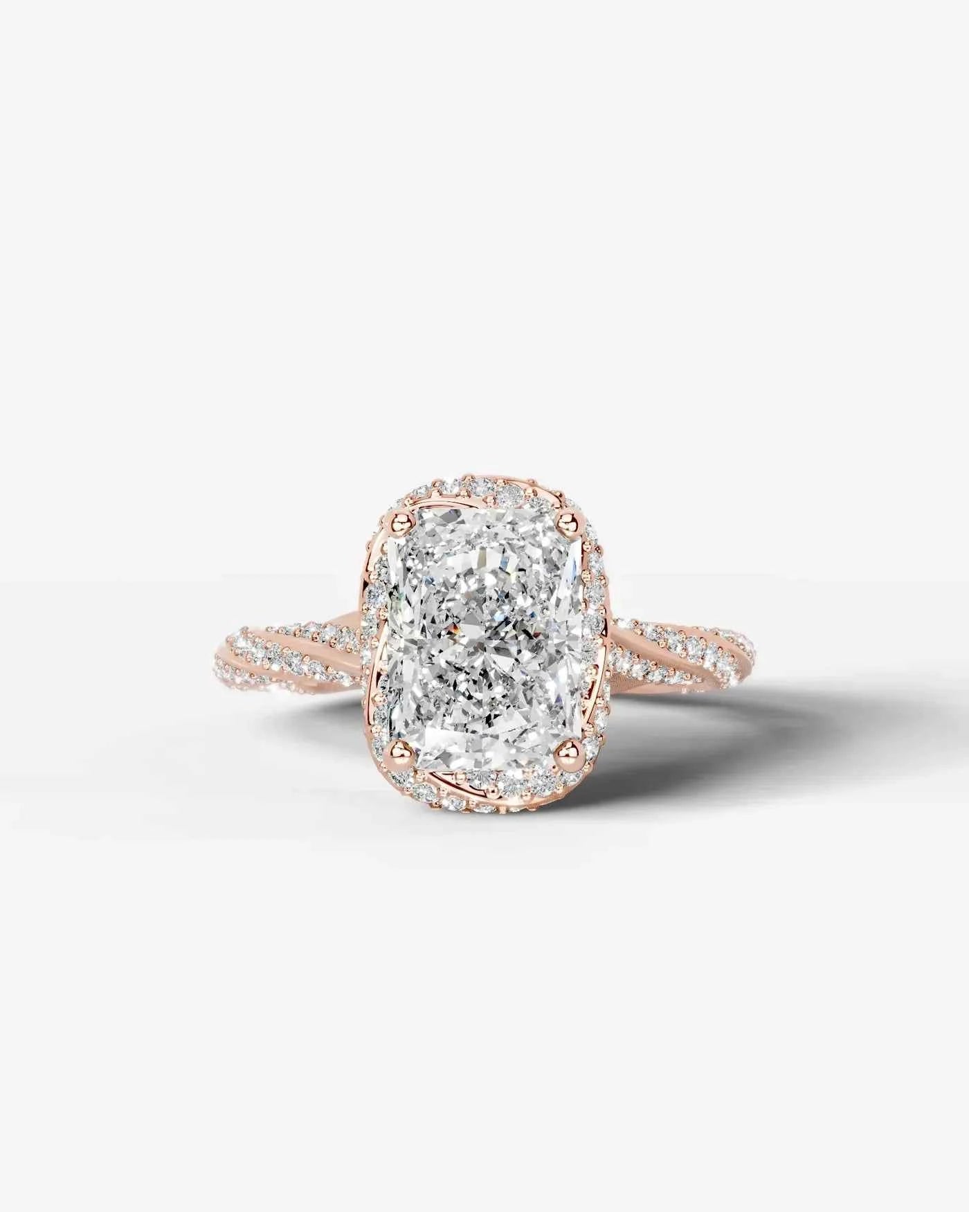 Radiant  Cut Lab Diamond Engagement Ring with double halo and twisted pave band| D VS1