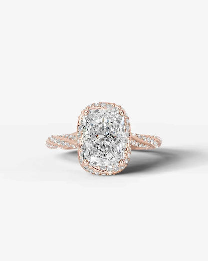 Radiant  Cut Lab Diamond Engagement Ring with double halo and twisted pave band| D VS1