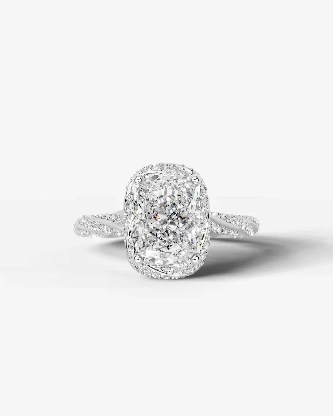 Radiant  Cut Lab Diamond Engagement Ring with double halo and twisted pave band| D VS1