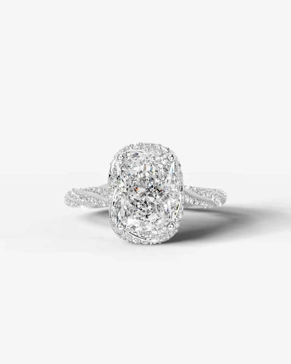 Radiant  Cut Lab Diamond Engagement Ring with double halo and twisted pave band| D VS1
