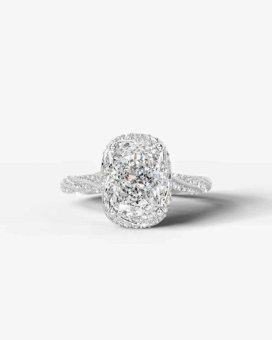 Radiant  Cut Lab Diamond Engagement Ring with double halo and twisted pave band| D VS1