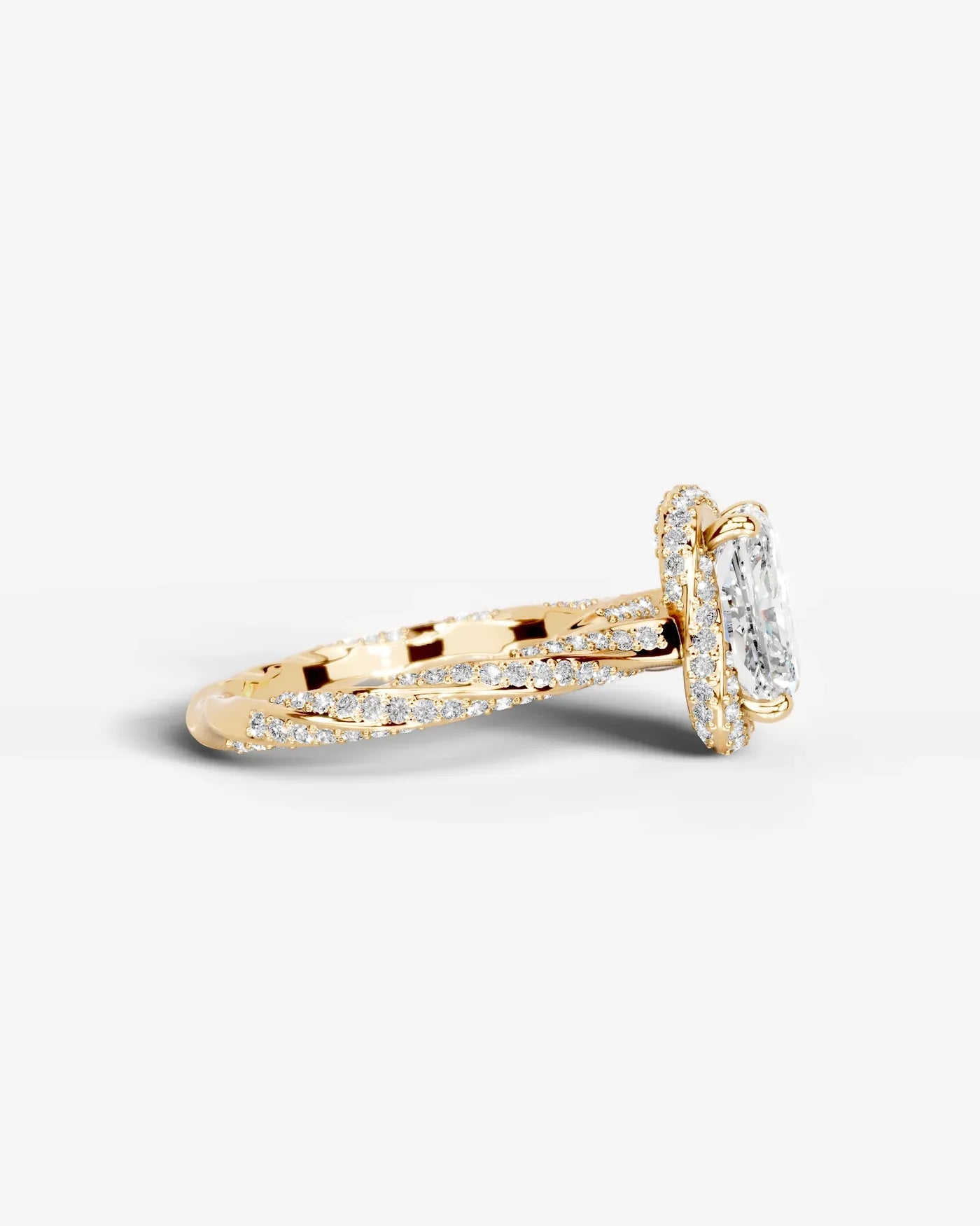 Radiant  Cut Lab Diamond Engagement Ring with double halo and twisted pave band| D VS1
