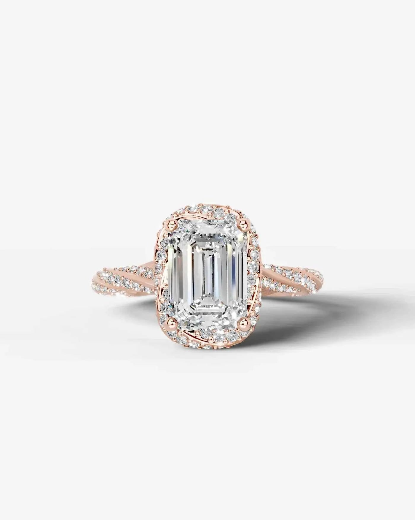 Emerald Cut Lab Diamond Engagement Ring with double halo and twisted pave band| D VS1