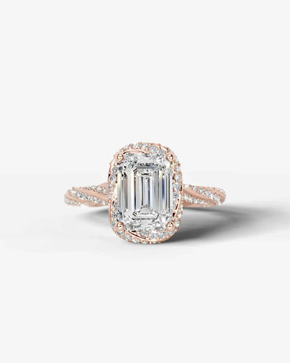 Emerald Cut Lab Diamond Engagement Ring with double halo and twisted pave band| D VS1