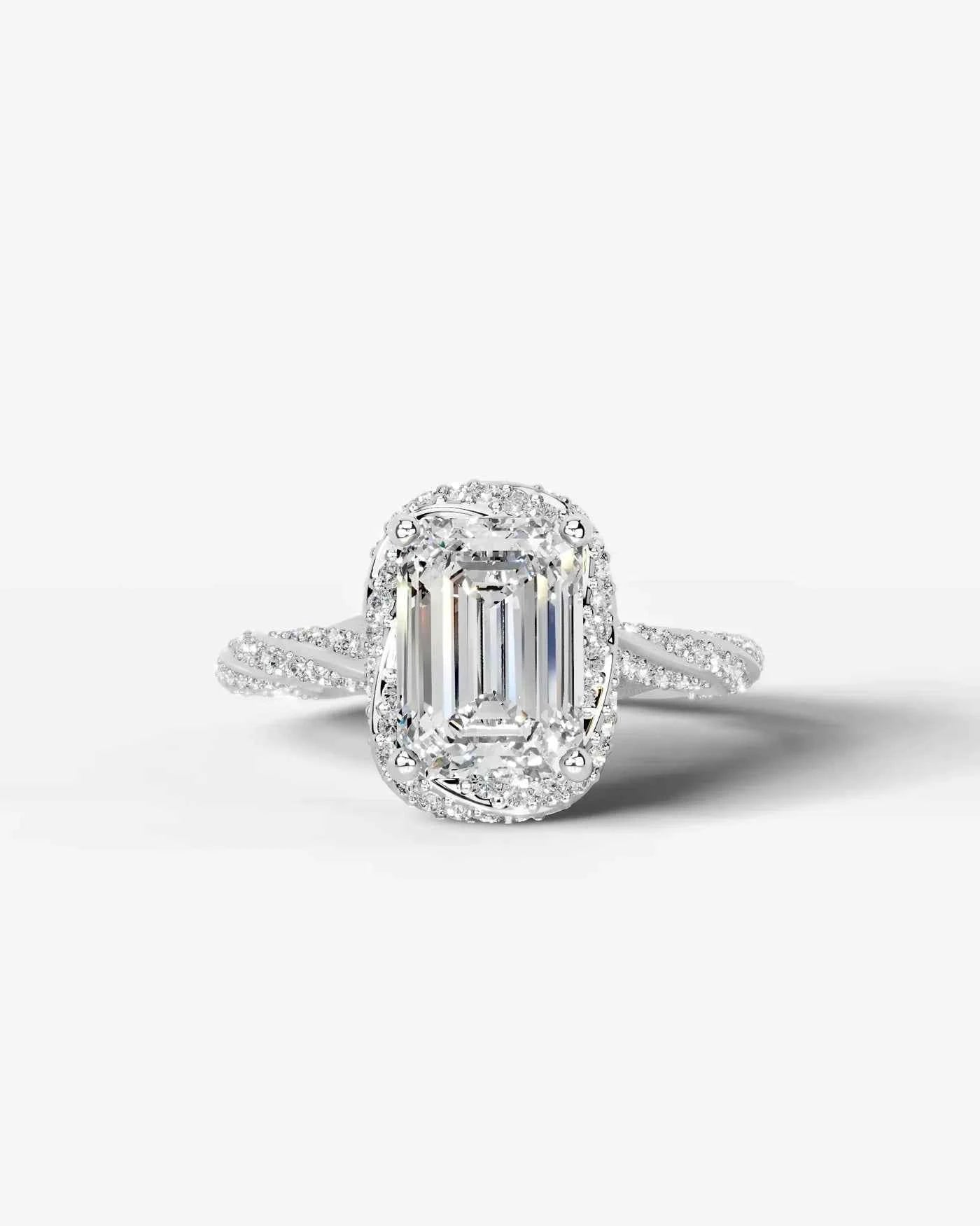 Emerald Cut Lab Diamond Engagement Ring with double halo and twisted pave band| D VS1