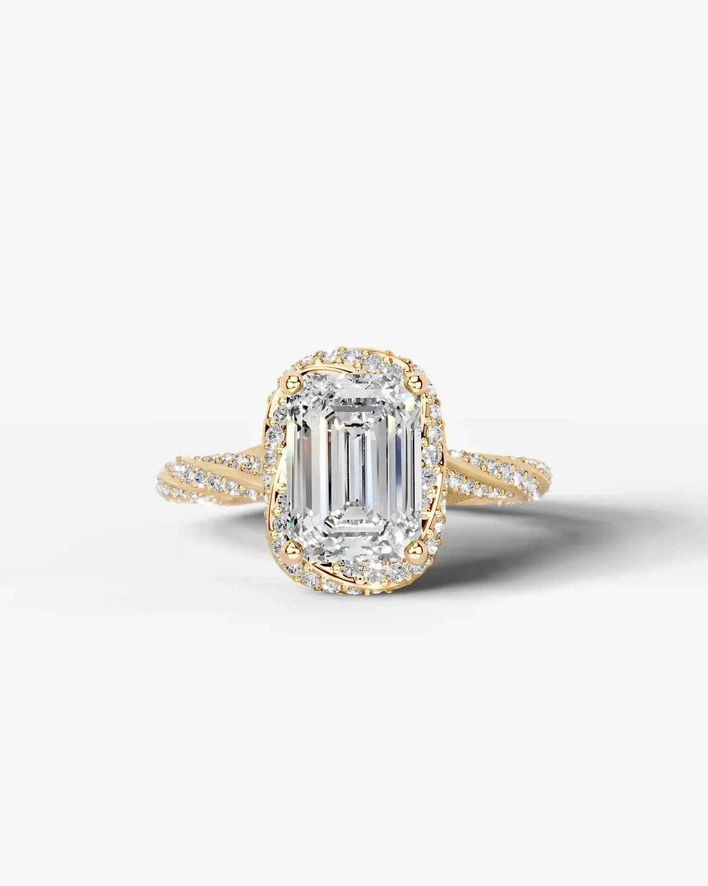 Emerald Cut Lab Diamond Engagement Ring with double halo and twisted pave band| D VS1