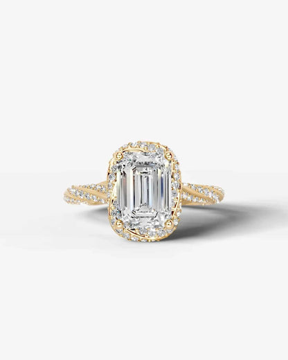 Emerald Cut Lab Diamond Engagement Ring with double halo and twisted pave band| D VS1