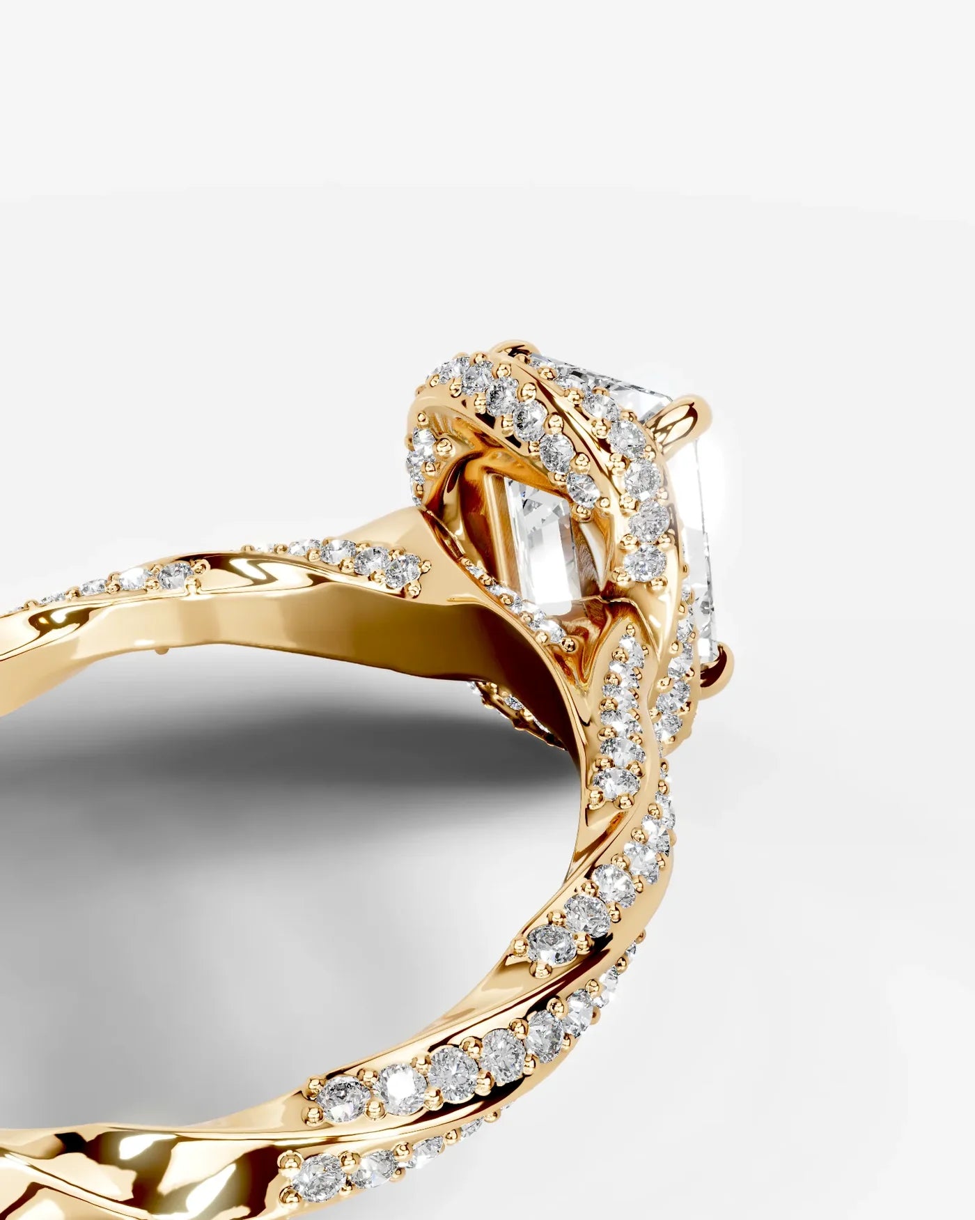 Emerald Cut Lab Diamond Engagement Ring with double halo and twisted pave band| D VS1