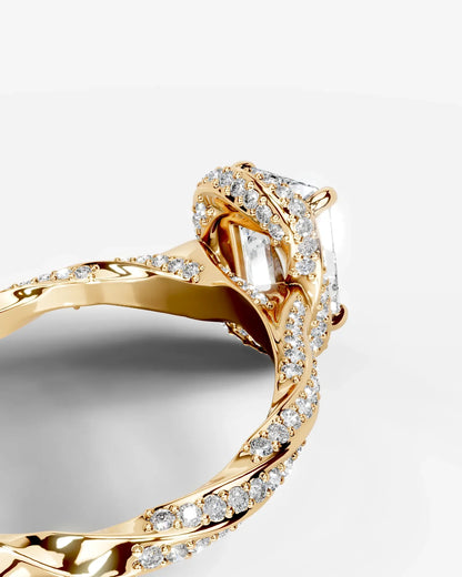 Emerald Cut Lab Diamond Engagement Ring with double halo and twisted pave band| D VS1