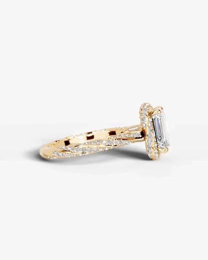 Emerald Cut Lab Diamond Engagement Ring with double halo and twisted pave band| D VS1