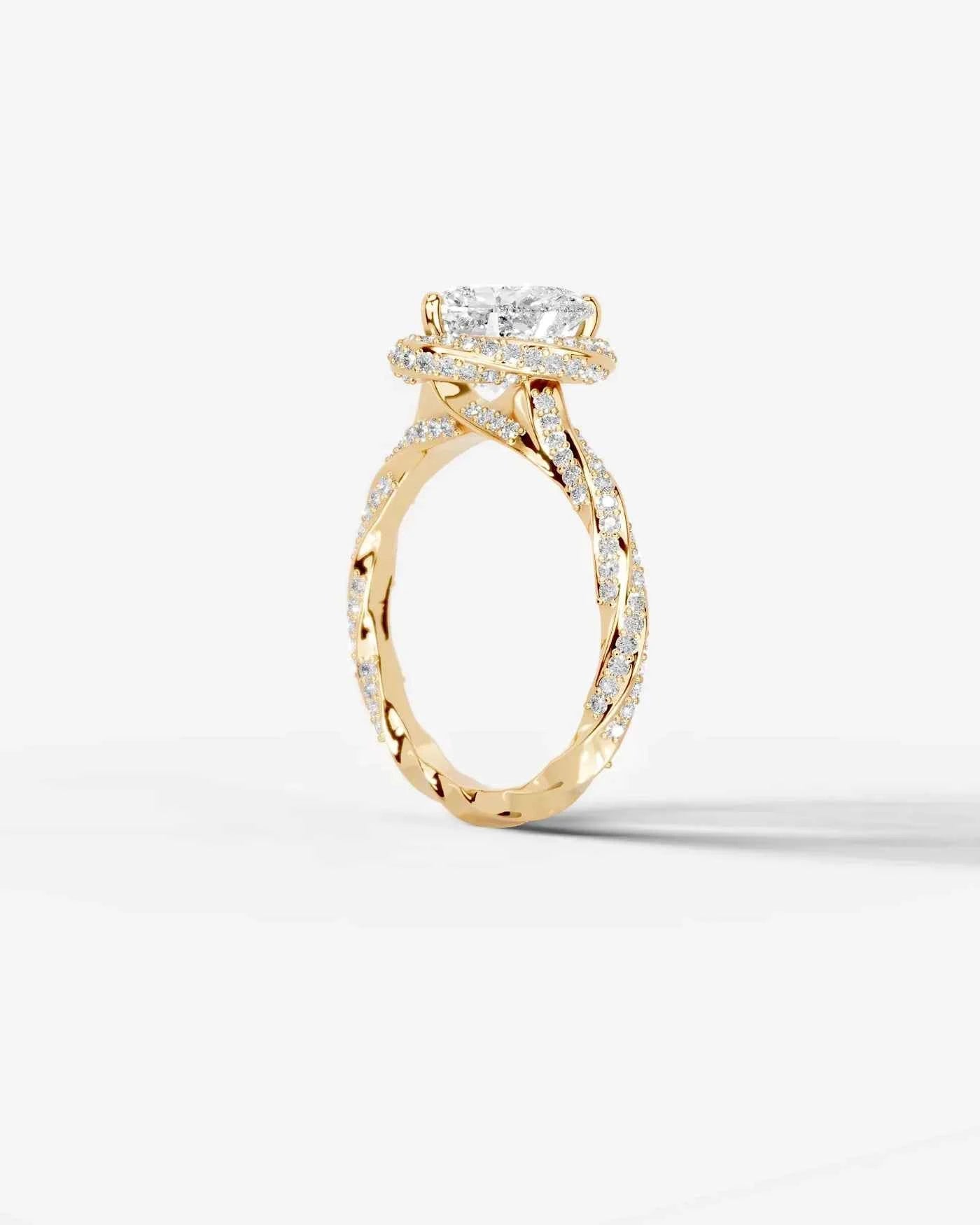 Heart Cut Lab Diamond Engagement Ring with double halo and twisted pave band| D VS1