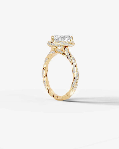 Heart Cut Lab Diamond Engagement Ring with double halo and twisted pave band| D VS1