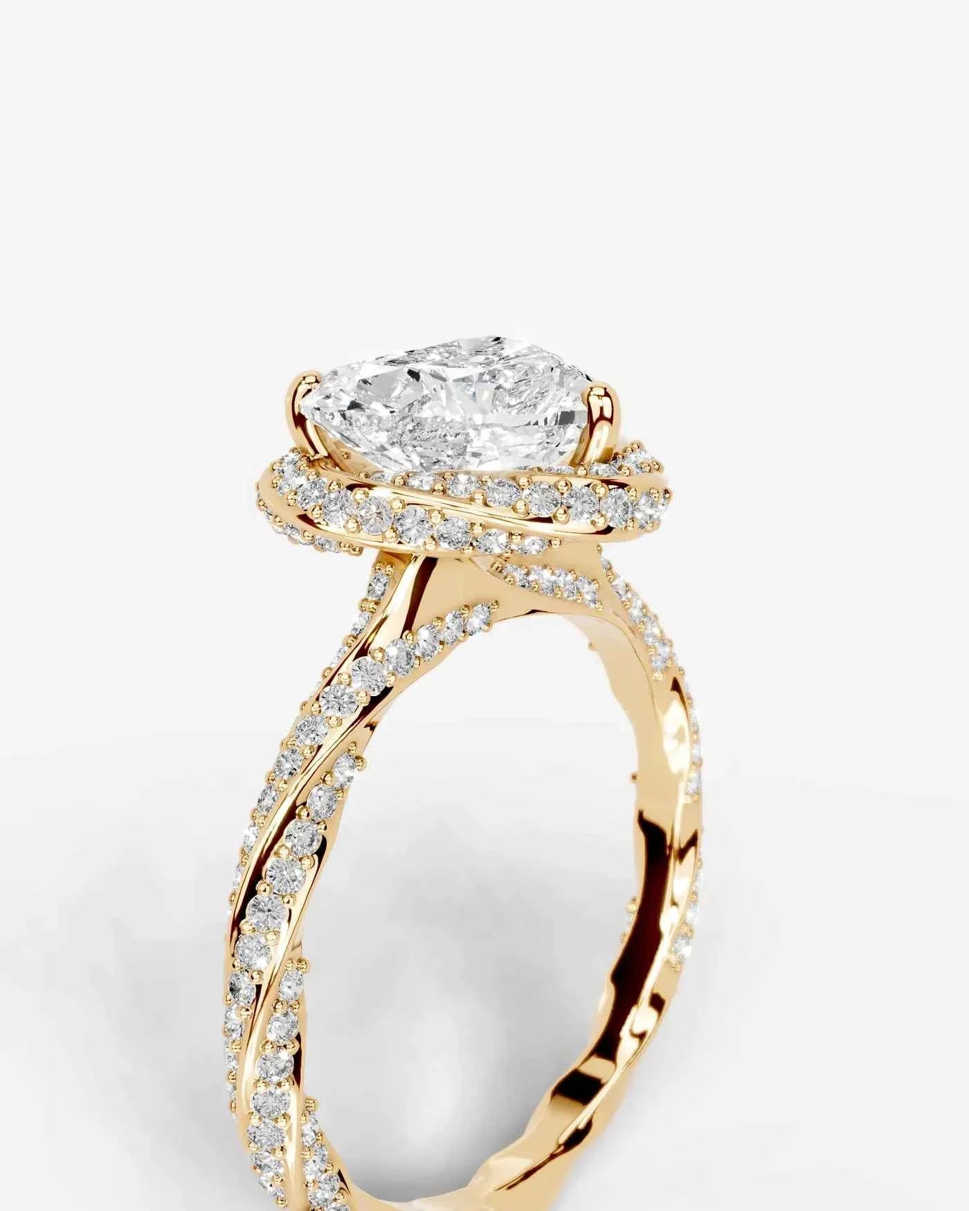 Heart Cut Lab Diamond Engagement Ring with double halo and twisted pave band| D VS1