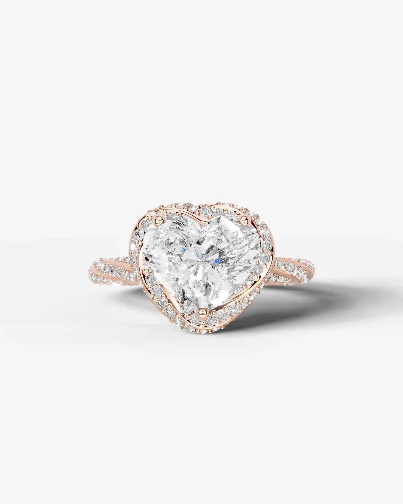 Heart Cut Lab Diamond Engagement Ring with double halo and twisted pave band| D VS1