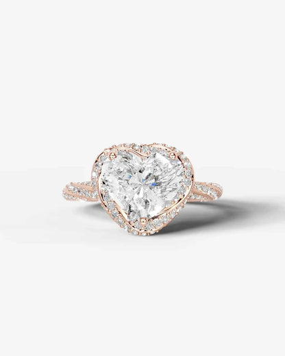 Heart Cut Lab Diamond Engagement Ring with double halo and twisted pave band| D VS1