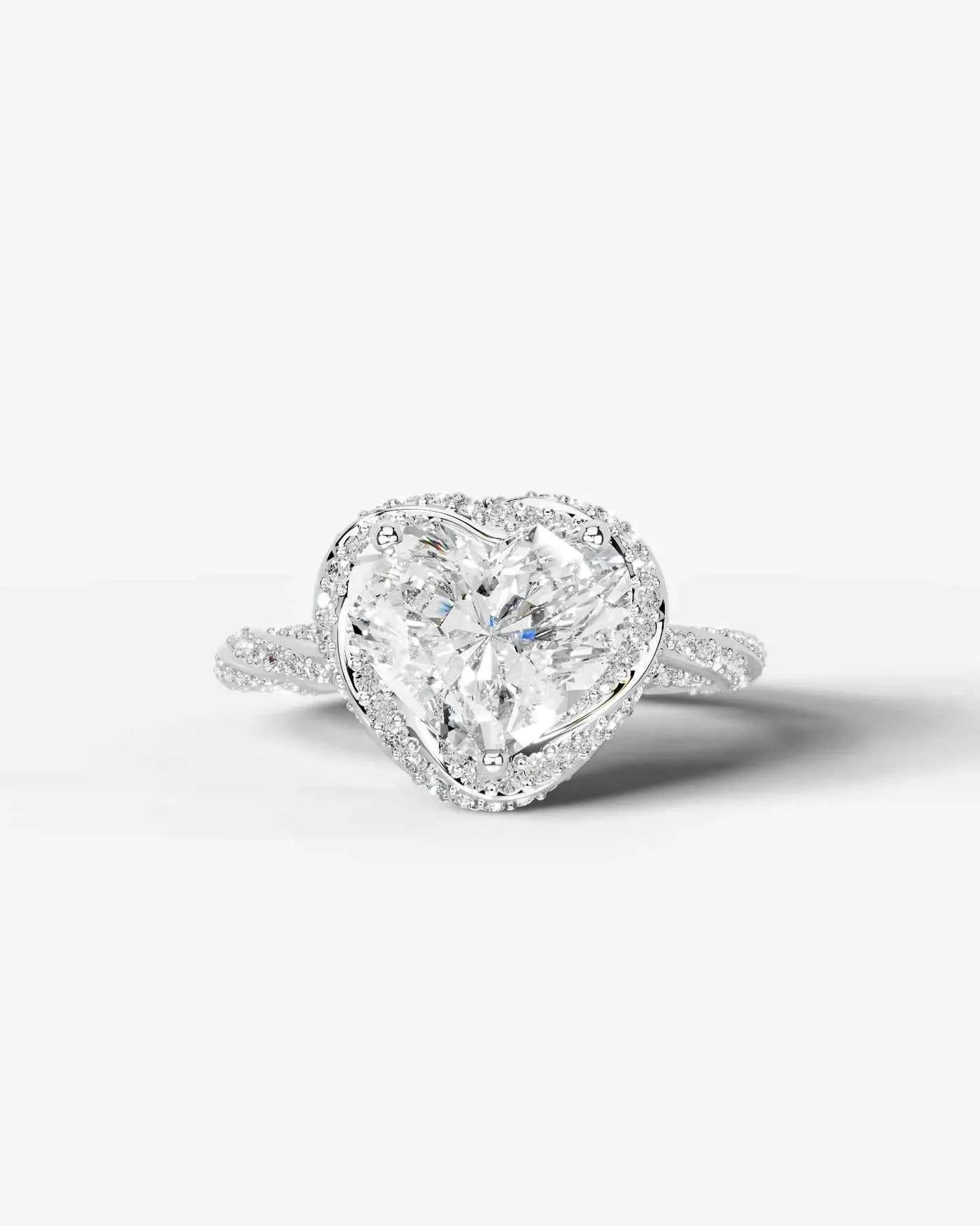 Heart Cut Lab Diamond Engagement Ring with double halo and twisted pave band| D VS1