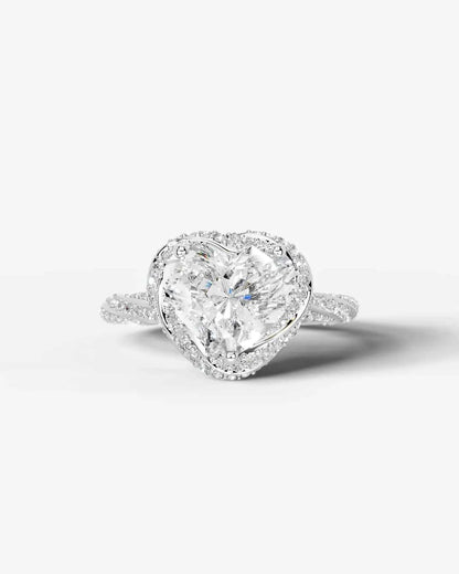 Heart Cut Lab Diamond Engagement Ring with double halo and twisted pave band| D VS1