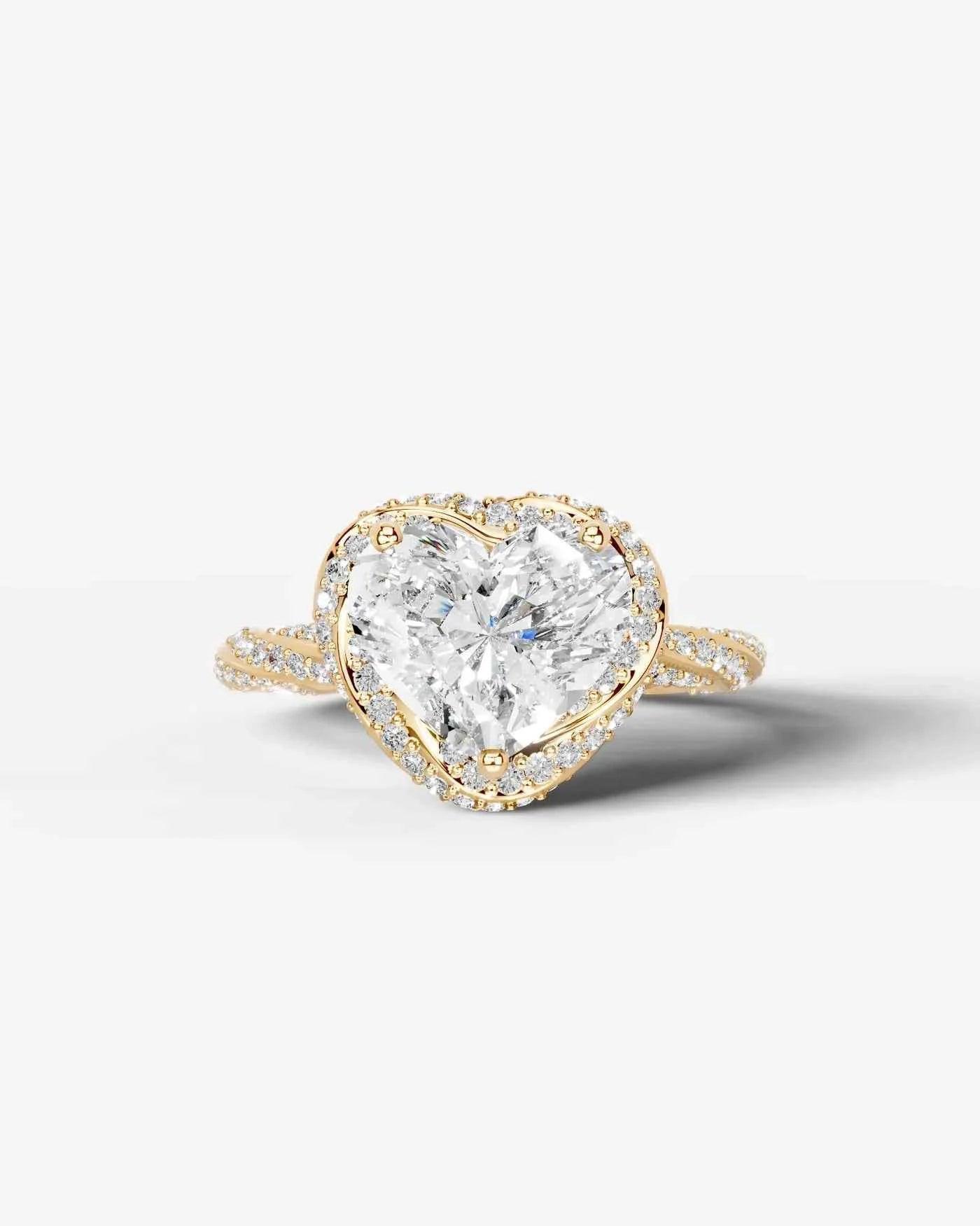 Heart Cut Lab Diamond Engagement Ring with double halo and twisted pave band| D VS1