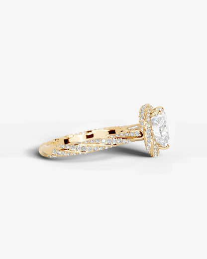 Heart Cut Lab Diamond Engagement Ring with double halo and twisted pave band| D VS1