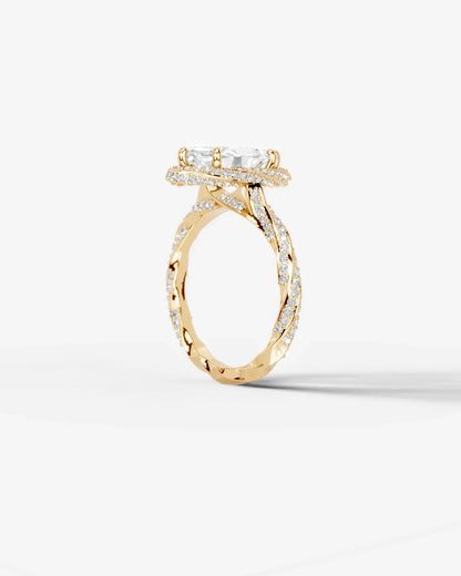 Marquise Cut Lab Diamond Engagement Ring with double halo and twisted pave band| D VS1