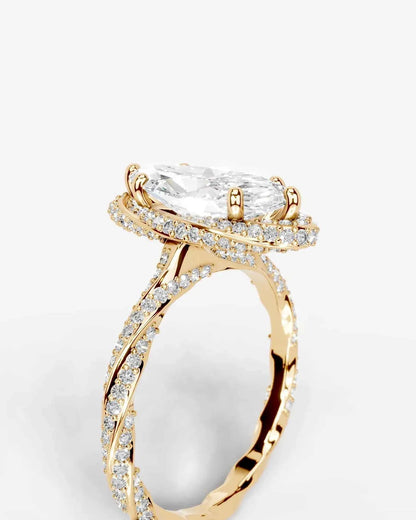Marquise Cut Lab Diamond Engagement Ring with double halo and twisted pave band| D VS1