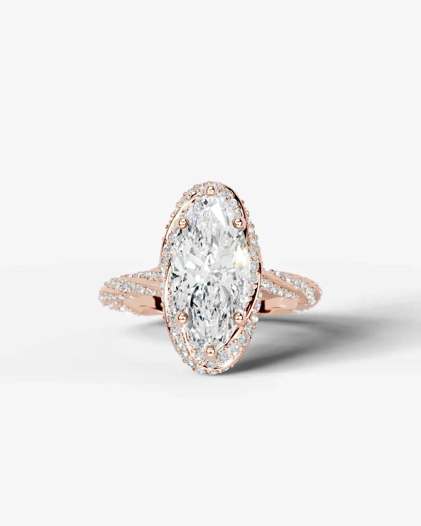 Marquise Cut Lab Diamond Engagement Ring with double halo and twisted pave band| D VS1