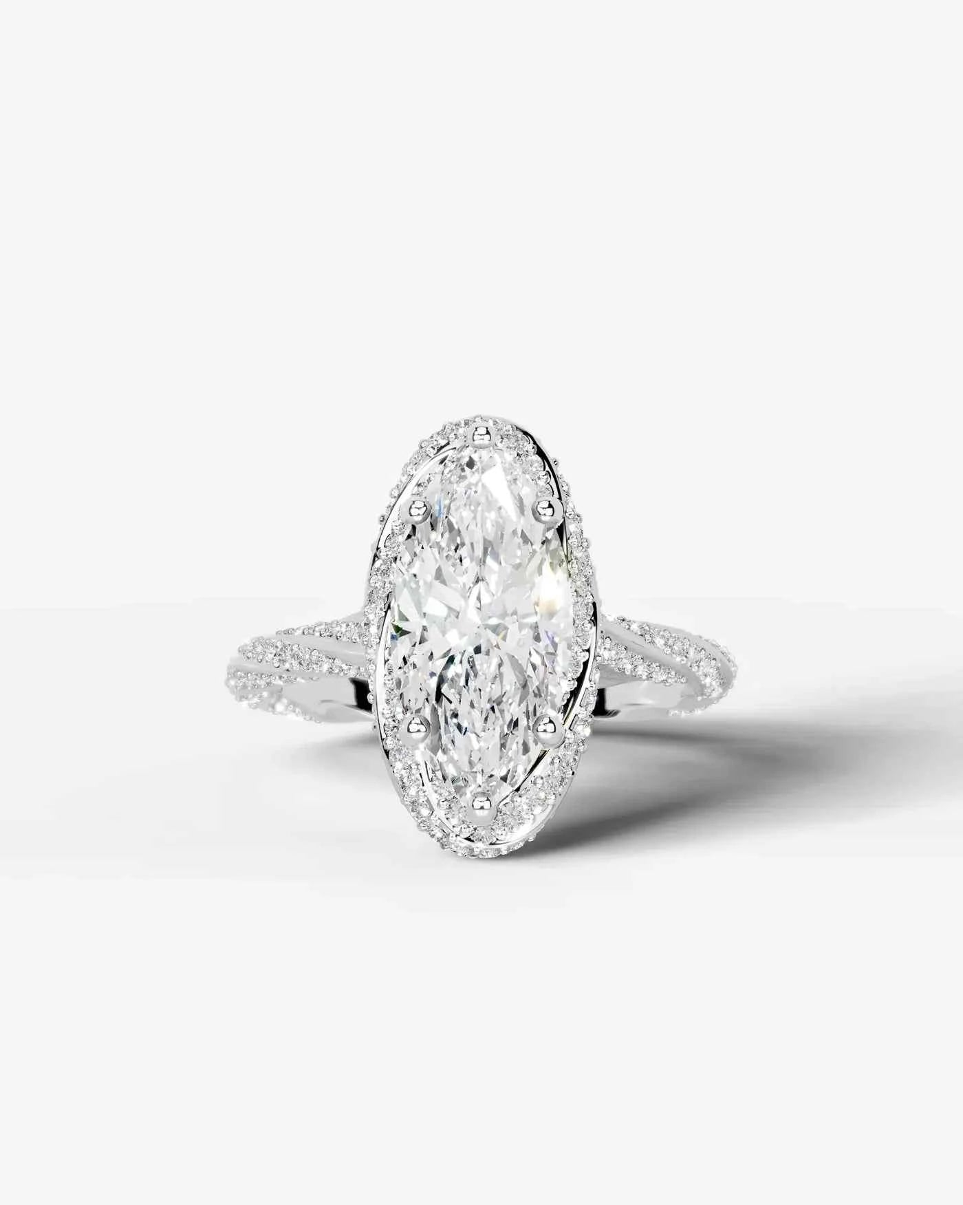 Marquise Cut Lab Diamond Engagement Ring with double halo and twisted pave band| D VS1
