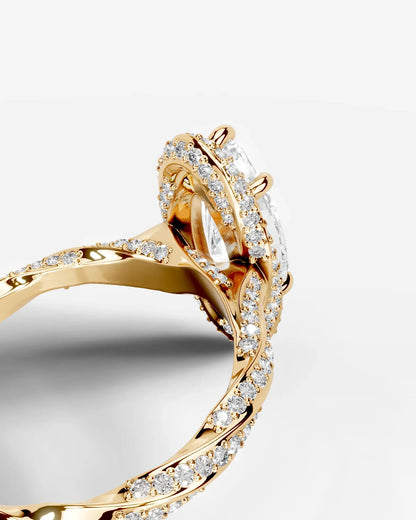 Marquise Cut Lab Diamond Engagement Ring with double halo and twisted pave band| D VS1
