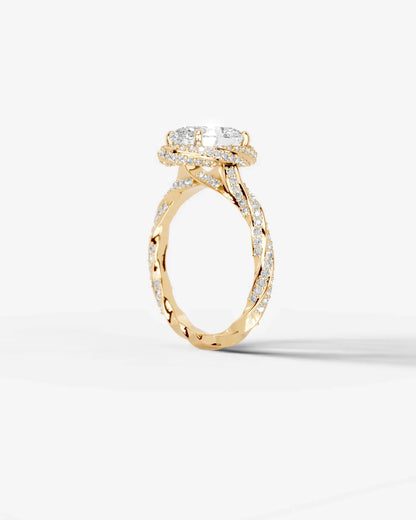 Oval Cut Lab Diamond Engagement Ring with double halo and twisted pave band| D VS1