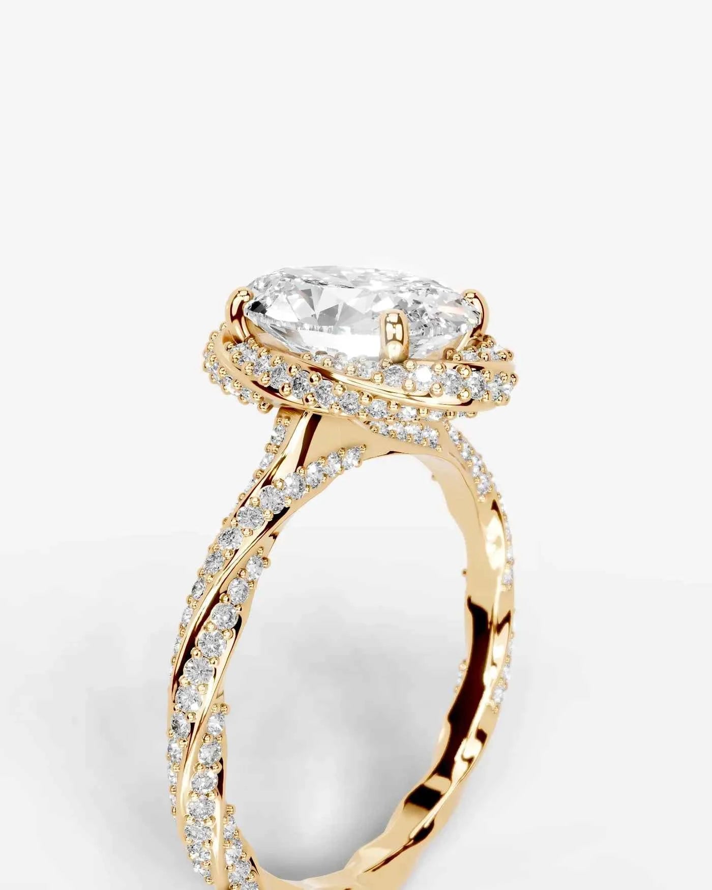 Oval Cut Lab Diamond Engagement Ring with double halo and twisted pave band| D VS1