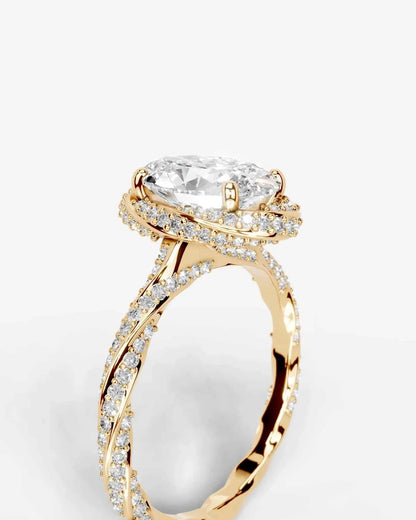 Oval Cut Lab Diamond Engagement Ring with double halo and twisted pave band| D VS1