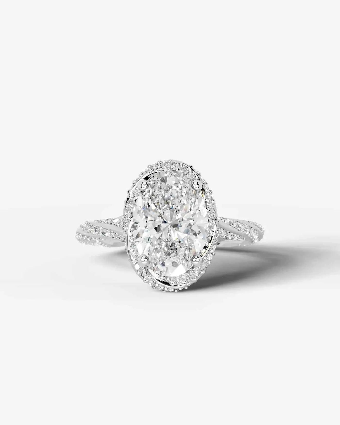Oval Cut Lab Diamond Engagement Ring with double halo and twisted pave band| D VS1