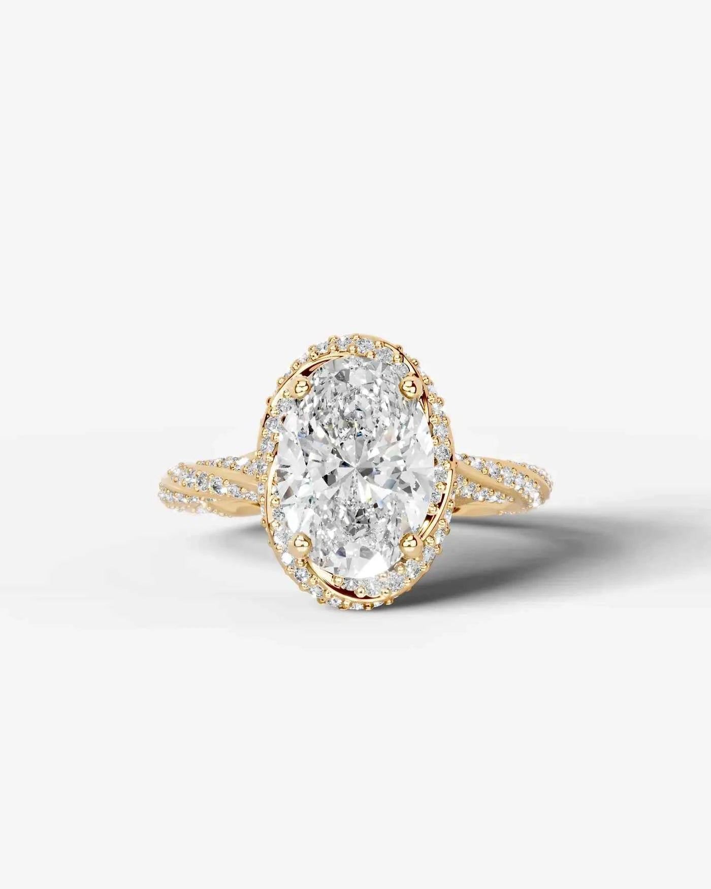 Oval Cut Lab Diamond Engagement Ring with double halo and twisted pave band| D VS1
