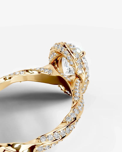 Oval Cut Lab Diamond Engagement Ring with double halo and twisted pave band| D VS1