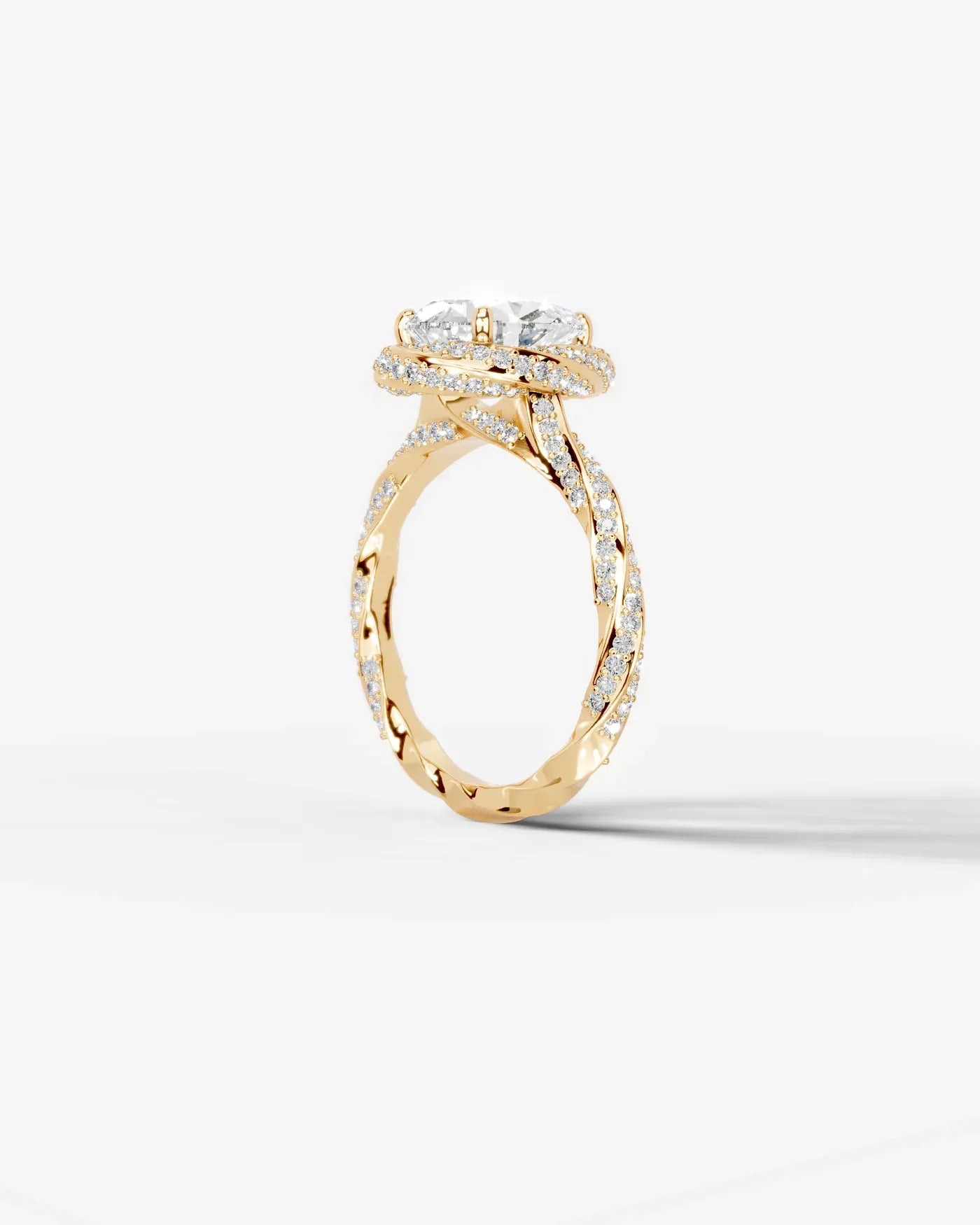 Pear Cut Lab Diamond Engagement Ring with double halo and twisted pave band| D VS1
