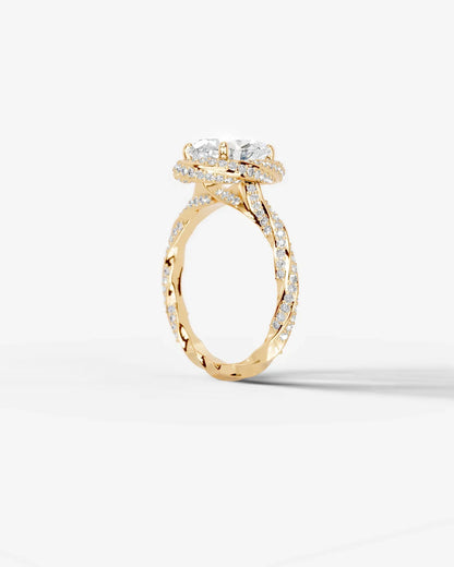 Pear Cut Lab Diamond Engagement Ring with double halo and twisted pave band| D VS1