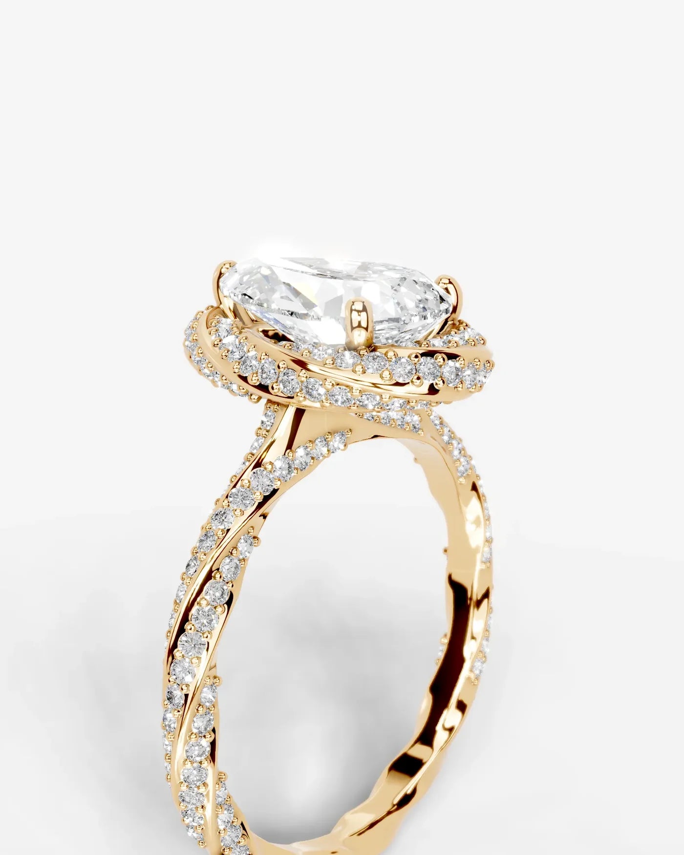 Pear Cut Lab Diamond Engagement Ring with double halo and twisted pave band| D VS1
