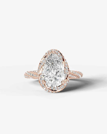 Pear Cut Lab Diamond Engagement Ring with double halo and twisted pave band| D VS1
