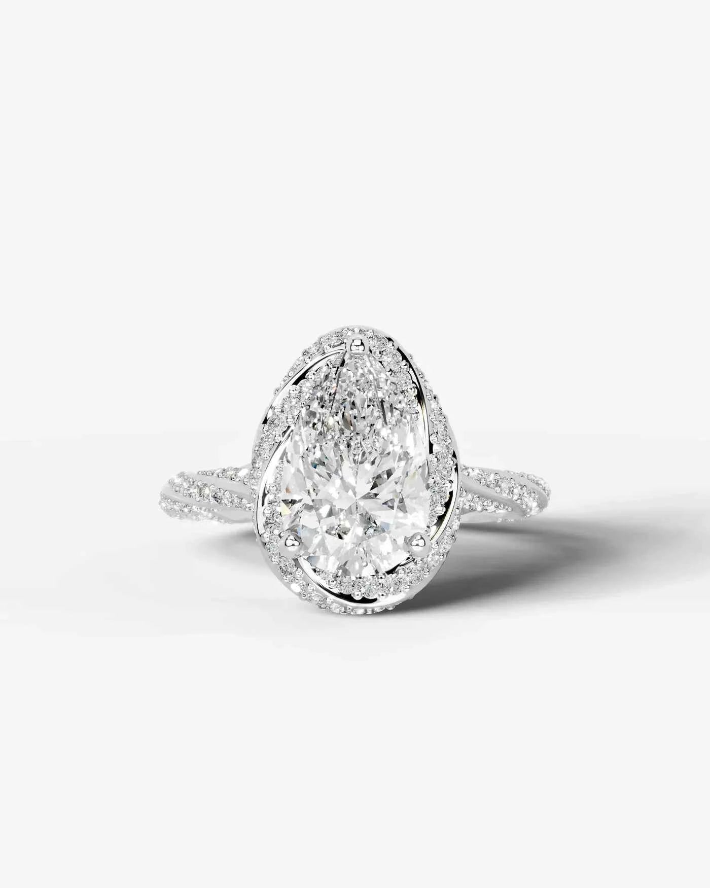 Pear Cut Lab Diamond Engagement Ring with double halo and twisted pave band| D VS1