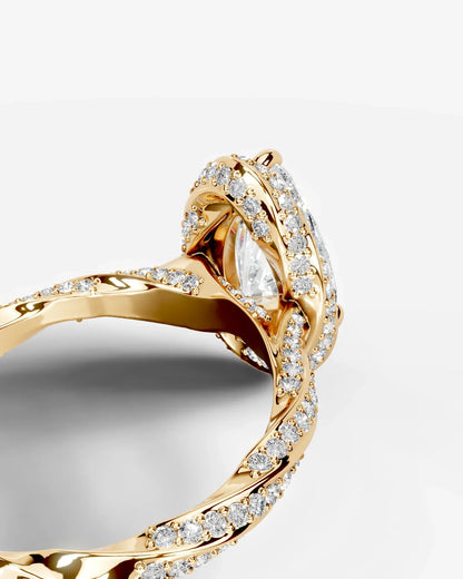 Pear Cut Lab Diamond Engagement Ring with double halo and twisted pave band| D VS1