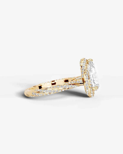 Pear Cut Lab Diamond Engagement Ring with double halo and twisted pave band| D VS1