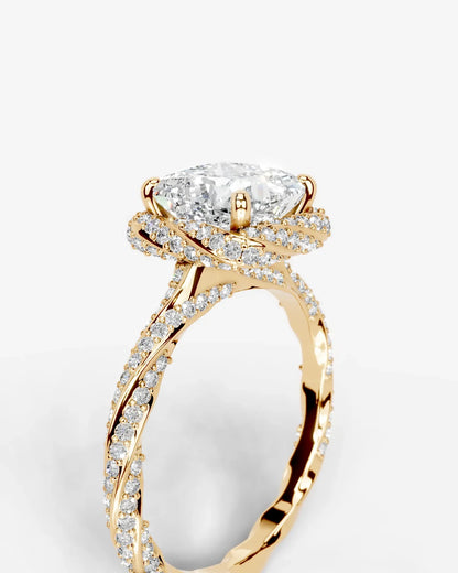 Princess Cut Lab Diamond Engagement Ring with double halo and twisted pave band| D VS1