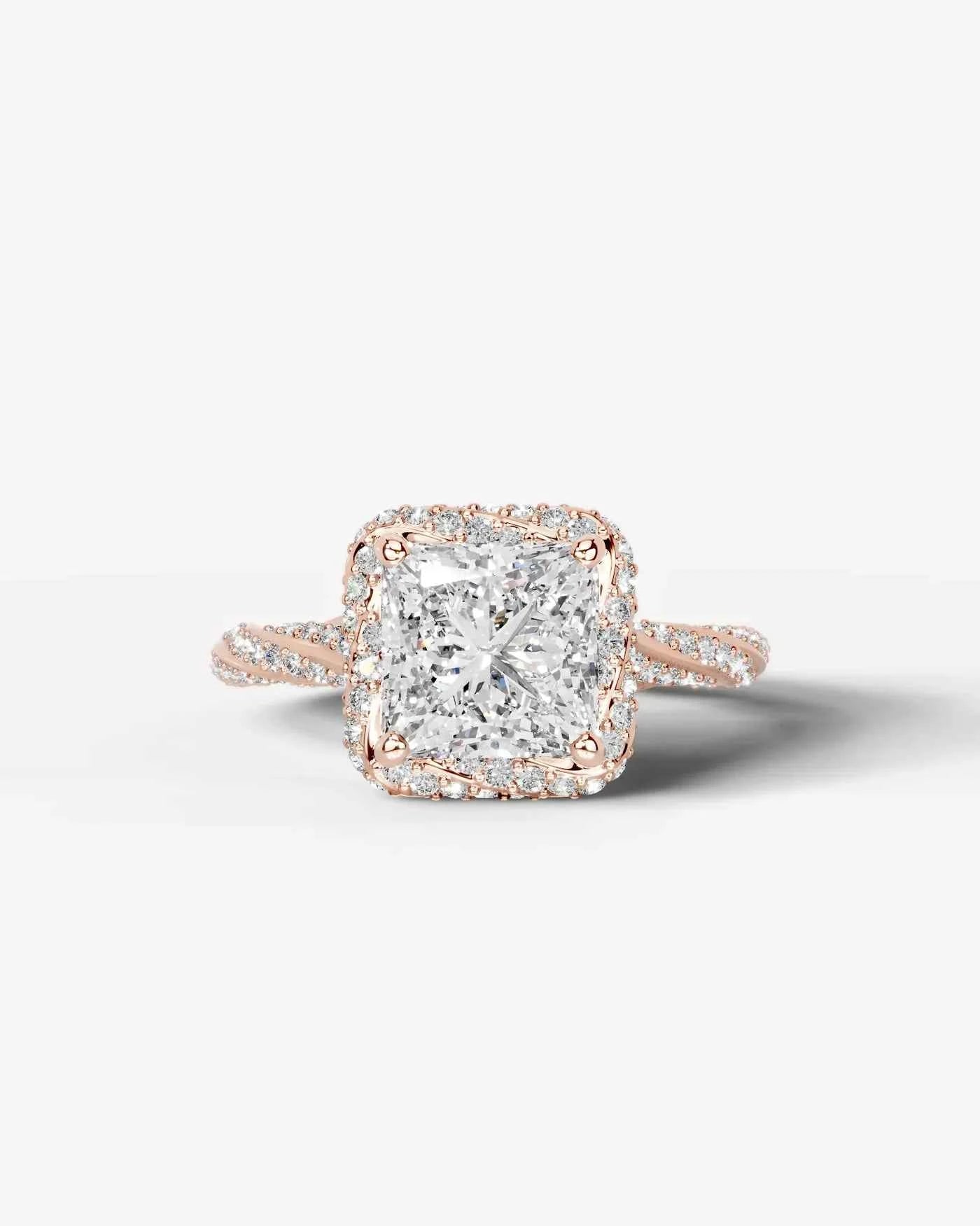 Princess Cut Lab Diamond Engagement Ring with double halo and twisted pave band| D VS1
