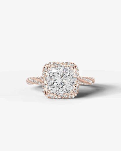 Princess Cut Lab Diamond Engagement Ring with double halo and twisted pave band| D VS1